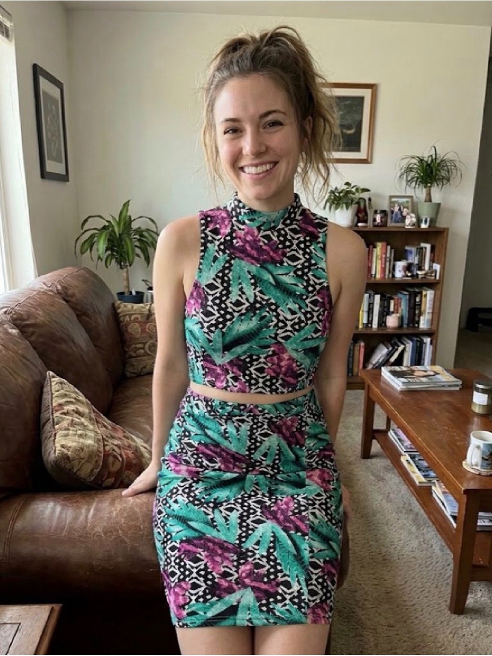 Love Two-Piece Mini Skirt Set - Teal Green & Purple Floral